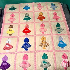 Vtg Hand Stitched Sunbonnet Sue Quilt Pink Patchwork Appliqué 84x66 Disct Ship*